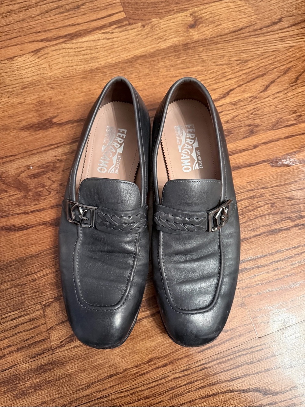 Salvatore Ferragamo Black Leather Braided Strap Loafers